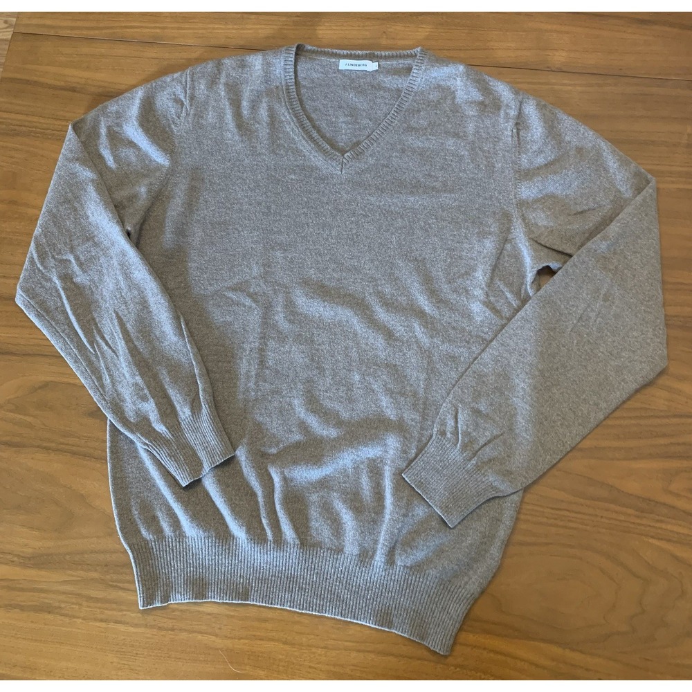 J. Lindeberg V-neck Sweater Cashmere Merino Wool Mens XL Beige Italy Lightweight